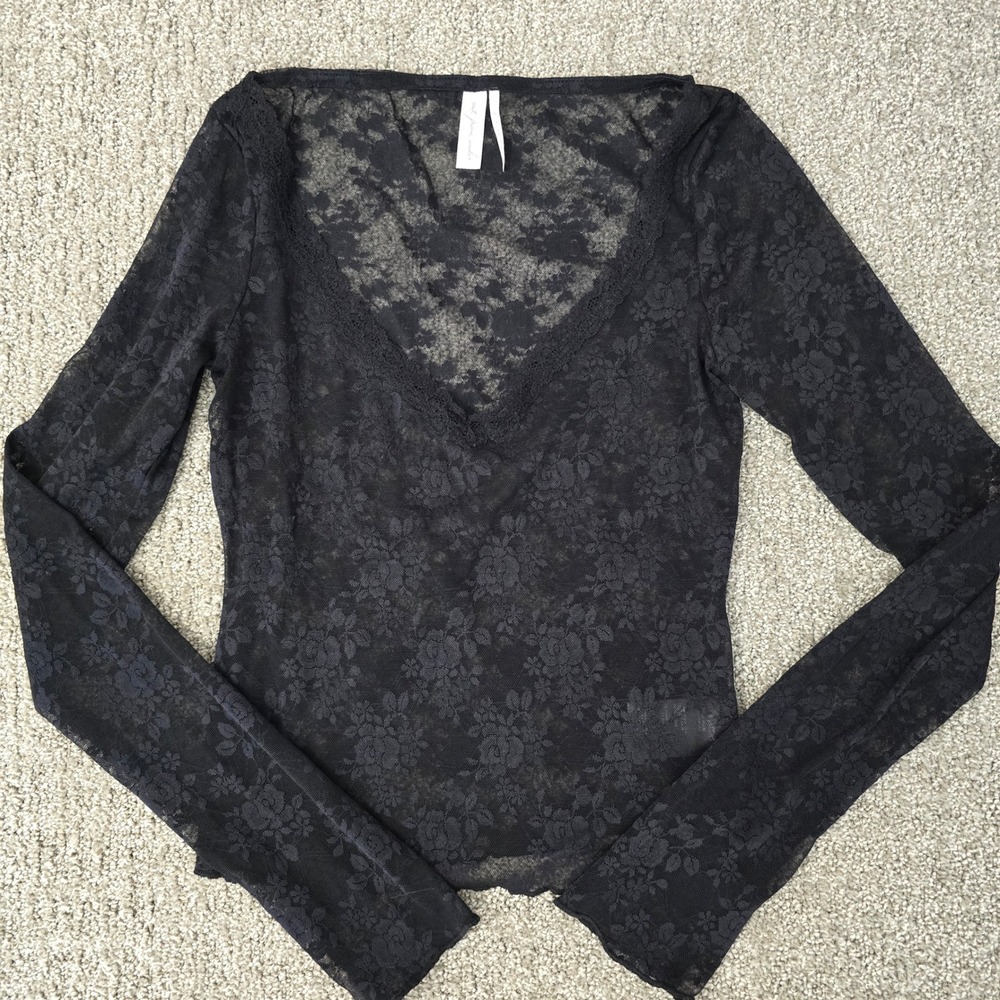 Out From Under Black Floral Mesh Top Sheer‎ Lace Trim Goth Fairycore S